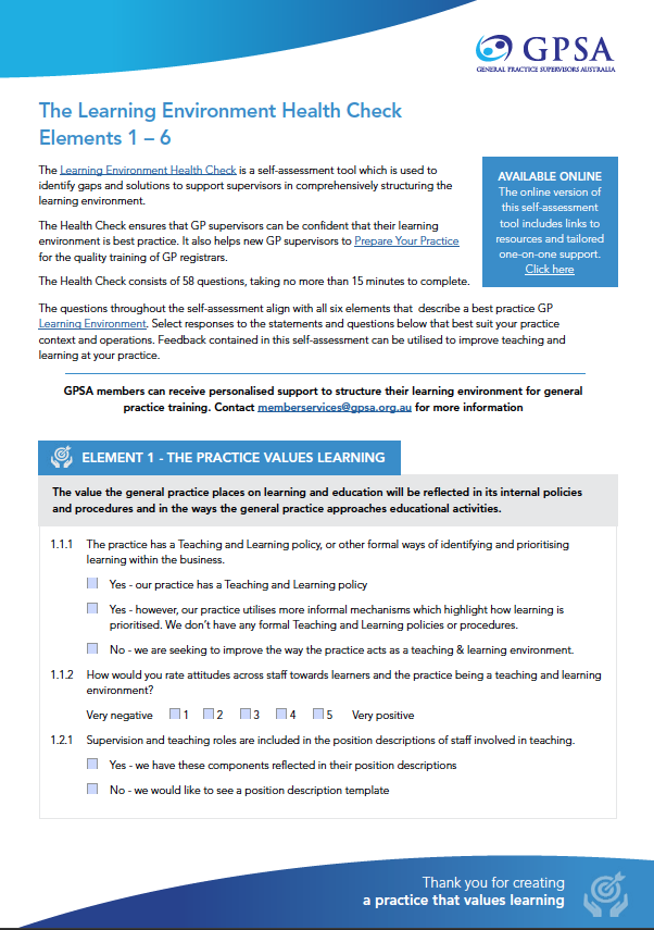 The learning environment Health Check 1-6